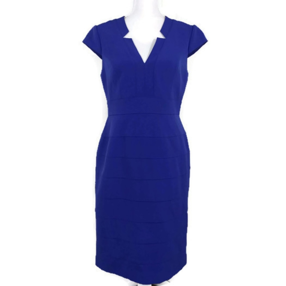 Adrianna Papell Sz 8 Blue Sheath Dress V Neck - Picture 1 of 7